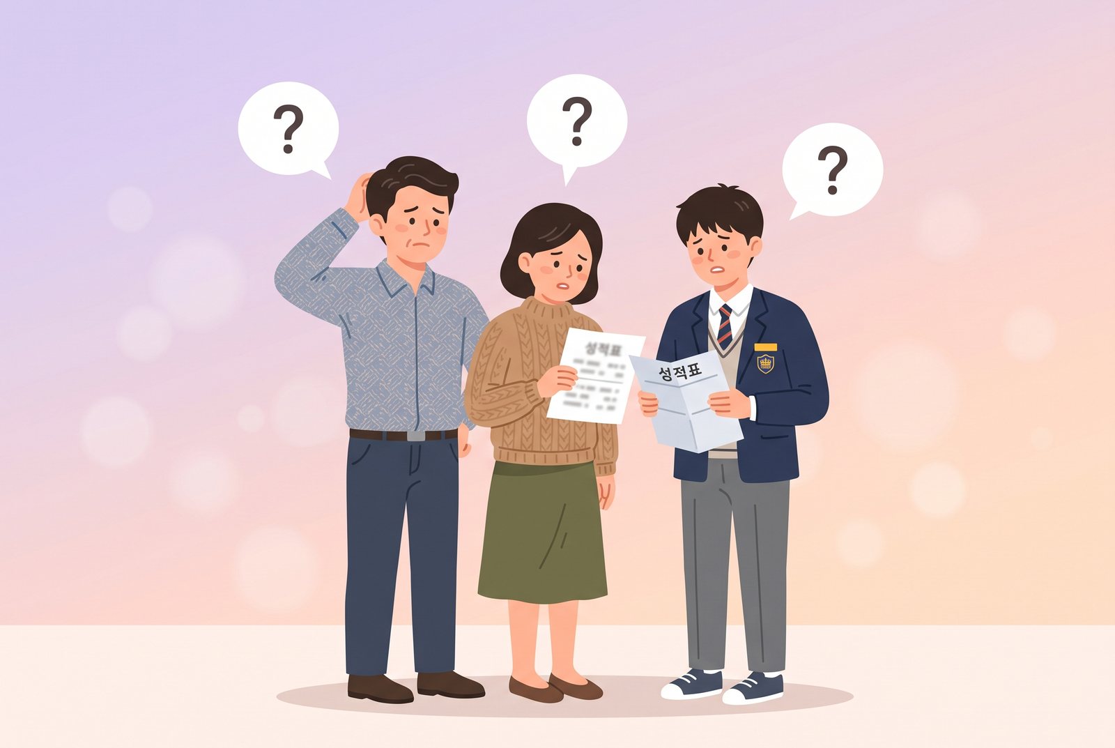 물음표를 띄운 학부모와 학생 일러스트