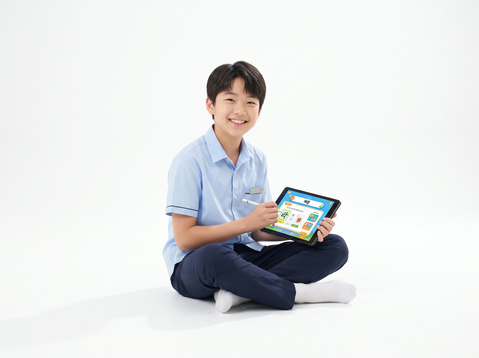 태블릿으로 문제를 푸는 학생